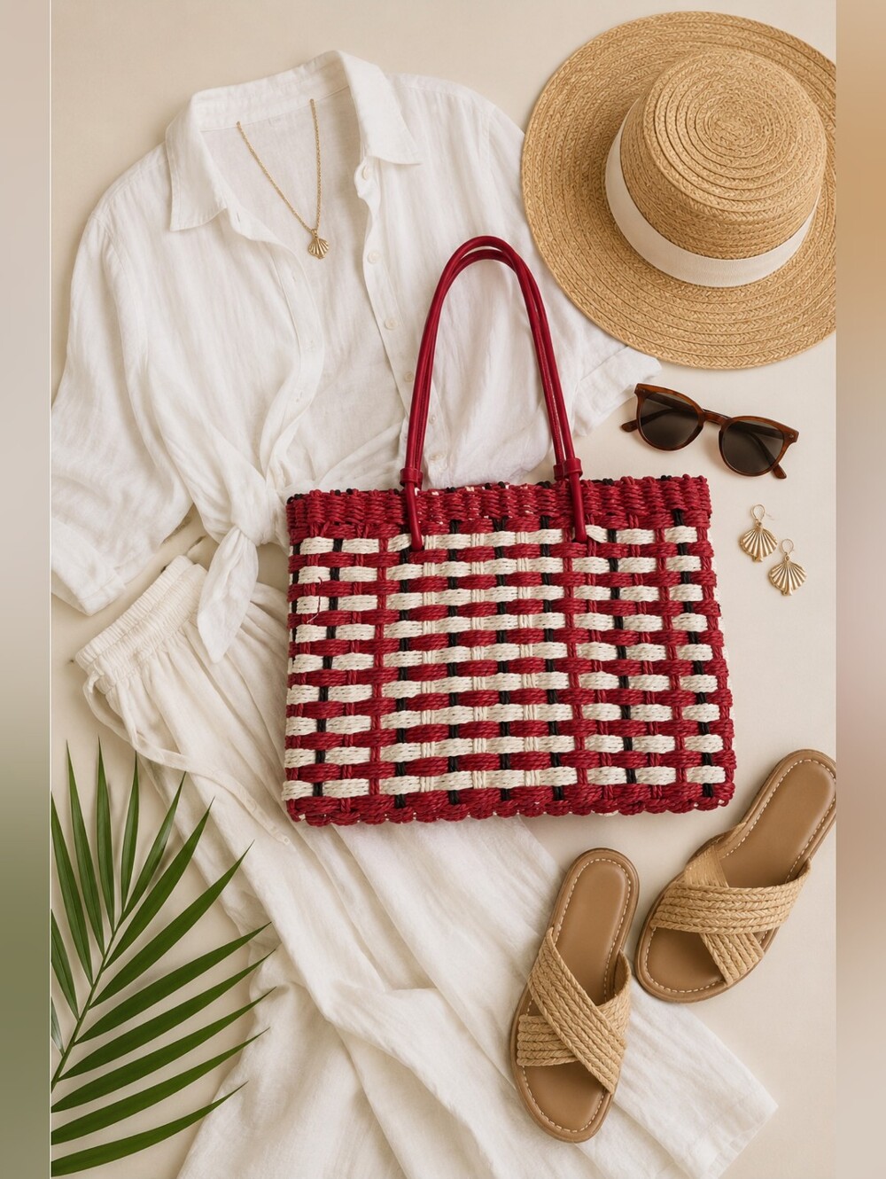 NWT ZARA Stylish Red & Cream Woven Tote Bag, Size 11.4"x8.9"x2.8"
